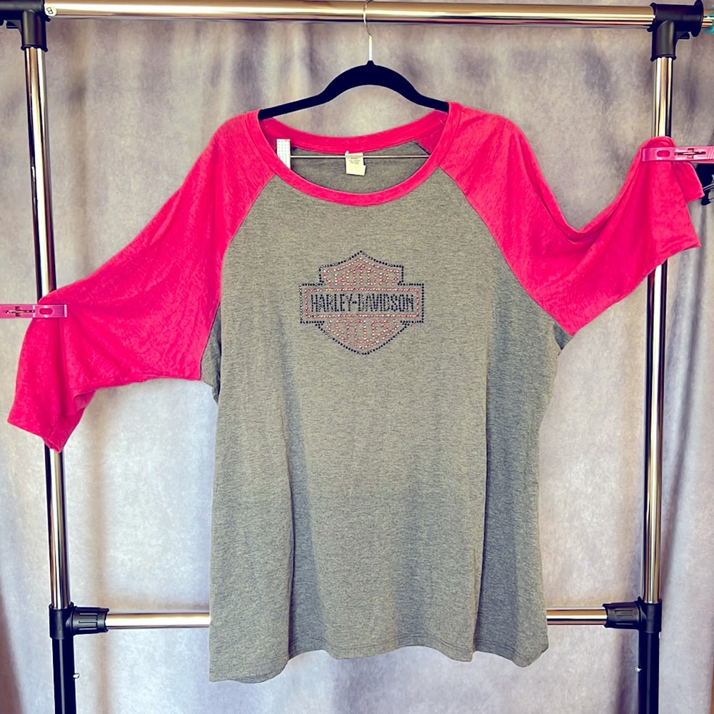 Hot Pink & Gray Harley Davidson Baseball Tee with Rhinestones 3x